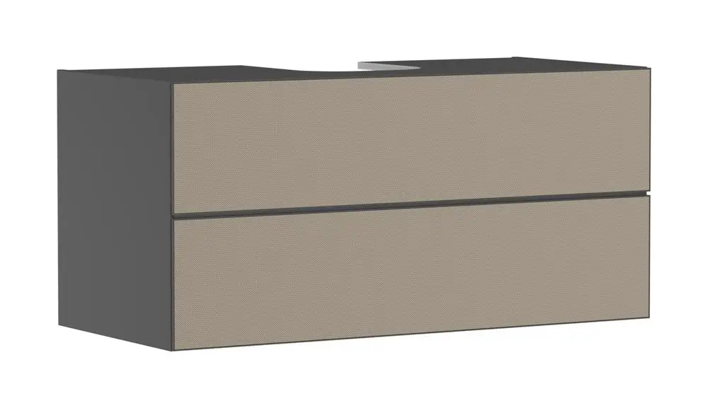 Waschtischunterschrank in schiefergrau mit zwei Schubkästen. Ideal für den Einsatz mit einem Aufsatzwaschtisch. Produkt von Hansgrohe.